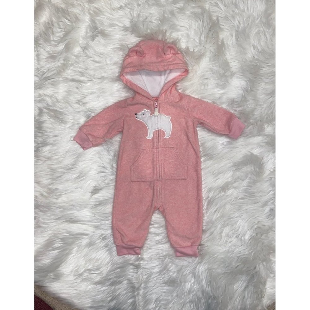Carter's Baby Girl's Pink Zip-Up Soft Fleece Jumpsuit with hoodie. Size 3 mos.